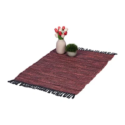 Afbeelding van Relaxdays vloerkleed leder en katoen, binnenkleed 60 x 100 cm, handgeweven, met franjes, antislip, rood