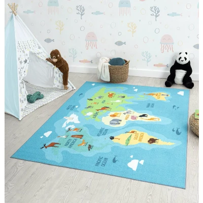 Afbeelding van the carpet Happy Life Speeltapijt voor kinderen, wereldkaart, aarde, dieren, blauw, wasbaar, 80 x 150 cm