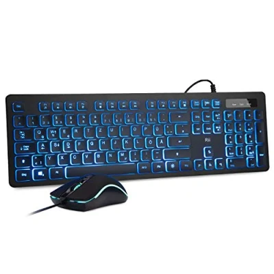 Afbeelding van Rii Gaming toetsenbord en muis set met kabel, 3 LED achtergrondverlichting QWERTZ (DE lay out), bekabeld voor pc, computer, laptop, zwart