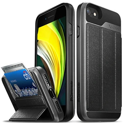 Afbeelding van VENA VCommute beschermhoes voor Apple iPhone SE 2020/8 7, militaire kwaliteit, kaartenvak met standaard, lederen flip portefeuille, etui, SE2 8 4,7 inch, grijs
