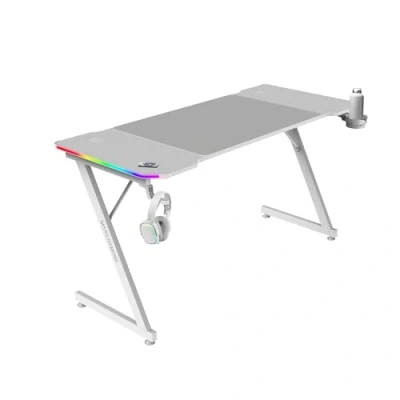 Afbeelding van MARSGAMING MGD X140RGB, Ergonomische Gamingtafel, ARGB Verlichting met Afstandsbediening, Carbonfiber Oppervlak, XXL Muismat, Hoofdtelefoon en Bekerhouder, Kabelbeheer, Gaming Bureau 140x60cm, Wit