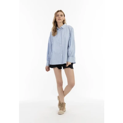 Afbeelding van DREIMASTER vintage Dames Lange Mouwen Blouse XL / Witte Lichtblauwe 55% Polyester 45% Katoen