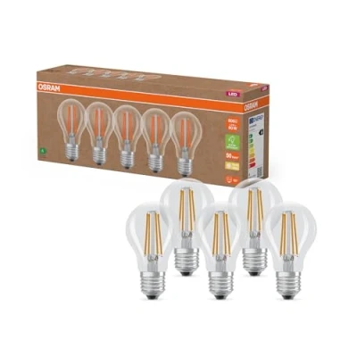 Afbeelding van OSRAM Zeer efficiënte LED lampen met energie efficiëntieklasse A,Voordeelverpakking 5 lampen, vervangt conventionele 60W gloeilampen, warm wit (2700K), E27, filamentglas