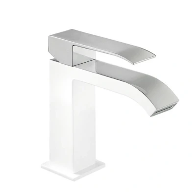 Afbeelding van Wastafelmengkraan Tres Cuadro Exclusive 1 Hendel Uitloop Gebogen 16 cm met Waterval Vierkant Chroom Wit