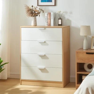 Afbeelding van Commode Varkaus ladekast mdf met 4 lades 90x70x40 cm eikenkleurig en wit [en.casa]