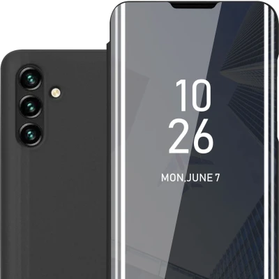 Afbeelding van Cadorabo Hoesje geschikt voor Samsung Galaxy A13 5G in TOERMALIJN ZWART Clear View Spiegel Beschermende Case met Tribunefunctie 360 Graden Bescherming Book Cover Etui