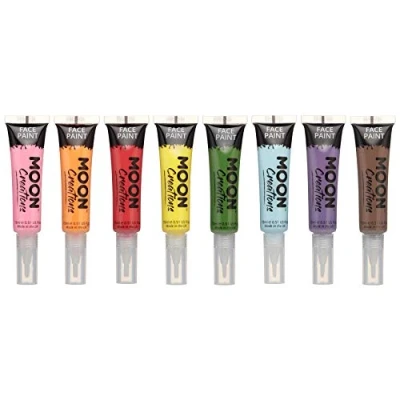 Afbeelding van Moon Creations Gezichts en lichaamsverftubes met kwastapplicator, 15 ml, gebruiksklaar, dierproefvrij, gezichtskleur, kostuums, feesten, Halloween, voor kinderen, volwassenen (set van 8)