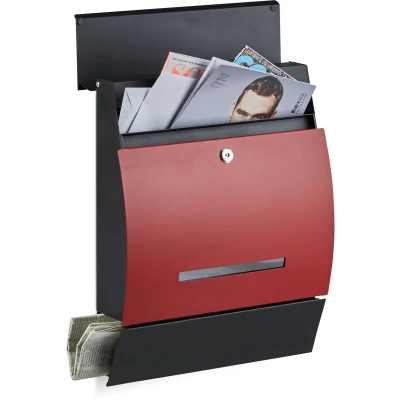 Afbeelding van Relaxdays design brievenbus wandbrievenbus krantenrol postbus modern muurbrievenbus zwart rood