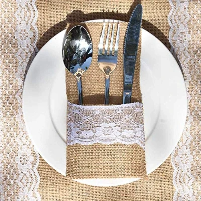 Afbeelding van Bodosac Awtlife 60 Packs Xmas jute kant gebruiksvoorwerp houders zilverwerk bestek zakje messen vorken tas voor vintage bruiloft