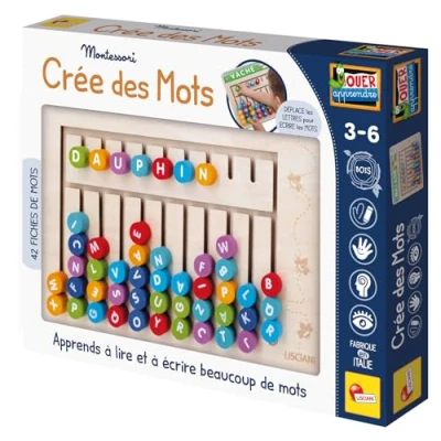 Afbeelding van Lisciani Montessori maakt woorden spel om te leren lezen en schrijven voor kinderen vanaf 3 jaar 42 leeskaarten met houten letters + bord educatief alfabetspel