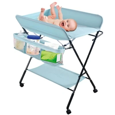 Afbeelding van Babycombi, inklapbare commode, mobiele commode met aankleedkussen, veiligheidsgordel en opbergvakken, ruimtebesparend stabiel, 80 x 66 98 cm, hemelsblauw
