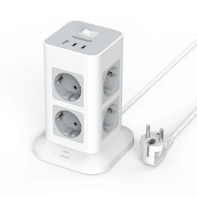 Afbeelding van TESSAN Meervoudige Overspanningsbeveiliging, 8 voudige Stekkerdoos, Stekkerdoos met 1 USB 2 C, Stekker 2M Verlengsnoer, Wandcontactdoos, Verdeelstekker voor Thuis, Grijs