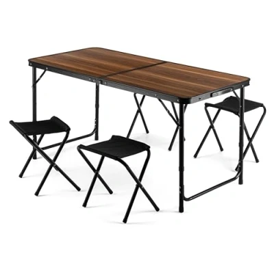 Afbeelding van Outtec Campingtafel met 4 stoelen, hoogte draagbare inklapbare grilltafel 120 x 60 cm draaggreep, aluminium klaptafel, krukken voor camping, picknick, barbecue, tuin (hout)
