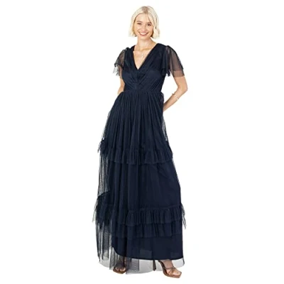 Afbeelding van Anaya with Love Maxi jurk voor dames met korte mouwen, avondjurk, gelaagde V hals, vlinderdas, bruidsmeisje, bruiloft, gast gala, lang, Donkerblauw, 50