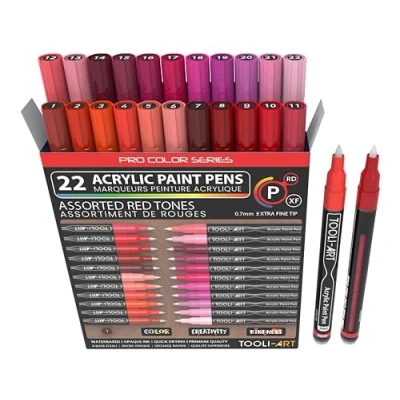 Afbeelding van Acrylverfpennen 22 Pro Color Series Markers Set 0,7 mm Extra fijne punt voor rotskunst, glas, mokken, hout, metaal, canvas, schetsen, detaillering. Niet giftig, sneldrogend. (ROOD)