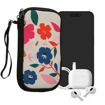 Afbeelding van kwmobile hoesje voor smartphones M 5,5&quot; hoes van Neopreen Bonte bloemen design roze / donkerblauw crème binnenmaat 15,2 x 8,3 cm