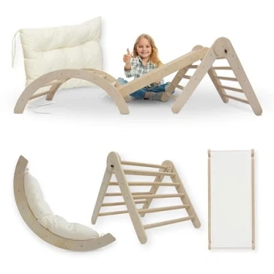 Afbeelding van MAMOI® Montessori 4 in 1 set, klimboog met kussen, klimrek, klimdriehoek, indoor speelplaats 3 jaar en glijbaan voor kinderen