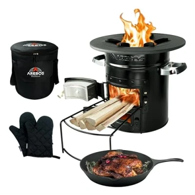 Afbeelding van AREBOS Rocket Stove Camping Kachel met de Draagtas, Gietijzeren pan, en Beschermende Handschoenen