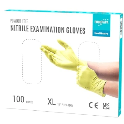 Afbeelding van EUROPAPA® 100 x nitrilhandschoenen, wegwerphandschoenen, onderzoekshandschoenen, nitril, poedervrij, zonder latex, niet steriel, latexvrij, wegwerphandschoenen (XL, Geel)