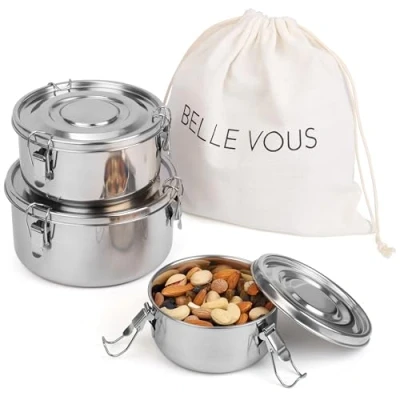 Afbeelding van Belle Vous Stainless Steel Lunch Box Set with Bag (3 Pack) Leak Proof Food Containers Suitable for Snacks, Fruit, Cereal, Soups &amp; Meals BPA Free