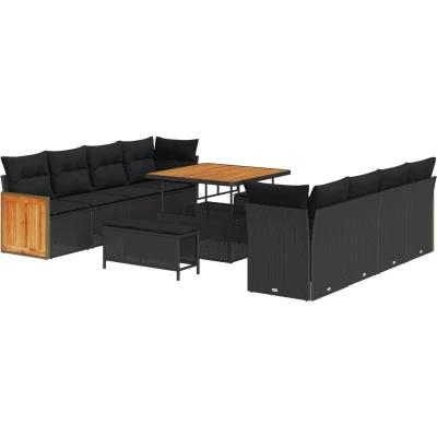 Afbeelding van vidaXL 11 delig Tuin Sofa Set met Kussens Zwart Poly Rattan Acacia, 3 Eet Acacia