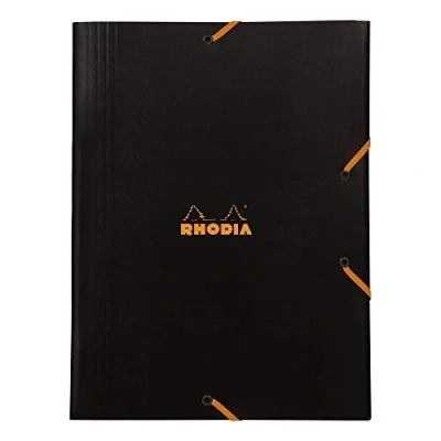 Afbeelding van RHODIA 24329C Elastische map, kartonnen tas met 3 zwarte kleppen, 24 x 32 cm, robuuste gecoate kaart, opslag voor kantoor en documentenordening, A4 formaat, filing