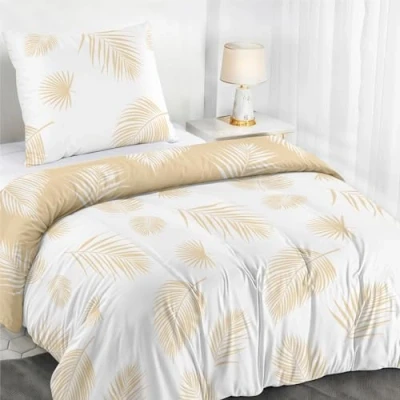 Afbeelding van Dreamzie dekbedovertrek 140x200 cm met 1 kussensloop 65x65 cm, beige wit tropisch palmbladerenpatroon, beddenset ritssluiting, eenpersoonsbedlinnen, Oeko TEX