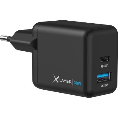Afbeelding van XLayer Wandlader / Oplader Dual Powercharger 38W USB C PD Adapter Geschikt Voor Apple Iphone &amp; Samsung Zwart