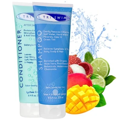 Afbeelding van TRISWIM Chloorverwijdering Haarverzorgingsbundel, After Swim Blue Shampoo en Conditioner Set, Anti Chloor Haarbehandeling Voor Zwemmers, Verwijdert Groene Tint, Veganistisch 251+250 ml