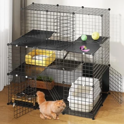 Afbeelding van YITAHOME Grote kattenkooi indoor kattenbehuizing met balkon, afneembare 3 laags metalen draadkennels, doe het zelf kattenkennels krat box voor 1 katten, 106 x 71 cm