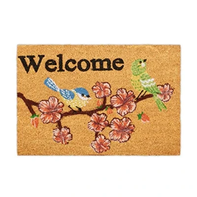 Afbeelding van Relaxdays deurmat kokos, tekst &#039;&#039;Welcome&#039;&#039; &amp; vogel, rechthoekige kokosmat binnen buiten, voetmat 40x60 cm, natuur