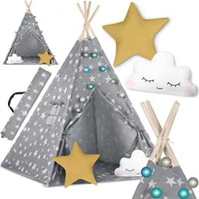 Afbeelding van Nukido Indiase Tipi Tent voor Kinderen Montessori Stijl, Natuurlijke Materialen, 2 Kussens, Vloermat, Kerstverlichting &amp; Hoes Inbegrepen Ideaal Kinderkamers en Tuinavonturen