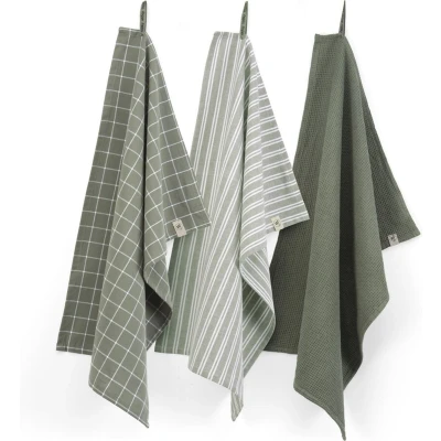 Afbeelding van Keukenset Dry w. Cubes Uni, Stripes &amp; Blocks Legergroen 3x 50x70