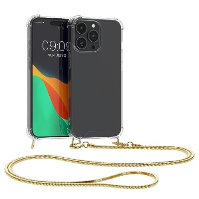 Afbeelding van kwmobile hoesje geschikt voor iPhone 15 Pro Max Beschermhoes smartphone in transparant / goud Hoes met koord
