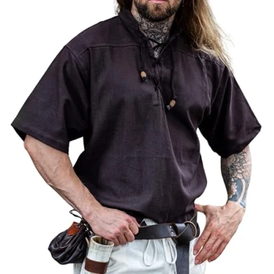 Afbeelding van Leonardo Carbone® middeleeuws hemd Eric middeleeuwse kleding, heren, LARP festivaloutfit carnavalskostuum, vrijetijdshemden korte mouwen 100% katoen, bruin, L