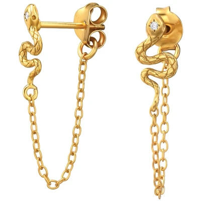 Afbeelding van JoyS Zilveren slang oorbellen met kettinkje zirkonia 14k goudplating