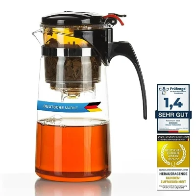 Afbeelding van Theeglas met zeef theemaker theefilter, theezeef en deksel &amp; theekopje in één; ca. 450 ml (Teamaker knop)