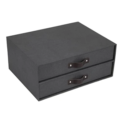 Afbeelding van Bigso Box of Sweden Birger Ladebox voor documenten en kantoorbenodigdheden, bureau organizer met 2 laden, opbergsysteem van vezelplaat papier in linnenlook, zwart