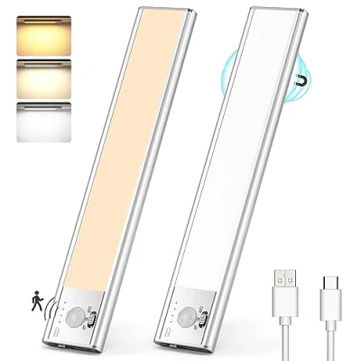 Afbeelding van Lureshine Onderbouwlamp voor keuken, led, 76 leds, kastverlichting met bewegingsmelder, 3 kleurmodi, dimbaar, led strip, batterij, USB oplaadbaar, kastlicht, kledingkast, 2 stuks