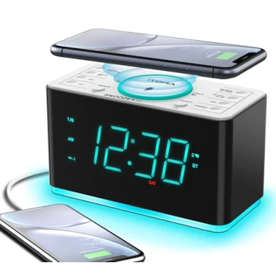 Afbeelding van Wekkerradio, 15W ultrasnelle draadloze telefoonoplader met Bluetooth, twee oplaadpoorten, dubbele wekker, slaaptimer, snooze, dimmer, FM radio, cyaan LED nachtlampje en 1,4&quot; scherm iTOMA CKS207