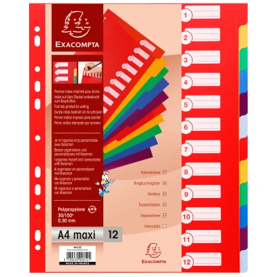 Afbeelding van Exacompta ref. 4812E Ondoorzichtige stevige polypropyleen tabbladen met 12 neutrale tabs Eerste gedrukte index Formaat A4 Maxi Geassorteerde heldere kleuren