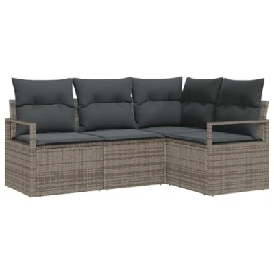 Afbeelding van vidaXL 4 Delige Tuin Sofa Set met Kussens Grijs Poly Rattan