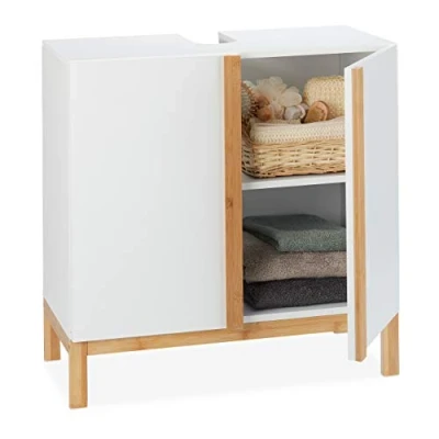 Afbeelding van Relaxdays wastafelonderkast wit badkamerkast wastafel onderbouwkast 60 cm bamboe