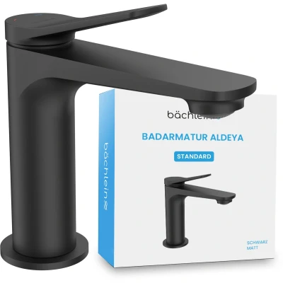 Afbeelding van Bächlein badkamerkraan Aldeya in een modern design, ééngreepsmengkraan met duurzaam keramisch kardoes en installatieset, zwart mat