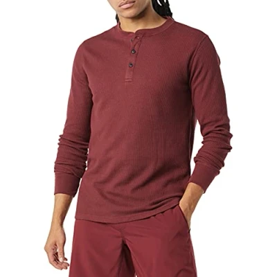 Afbeelding van Amazon Essentials Heren Regular Fit Henley shirt met lange mouwen, bordeauxrood, klein
