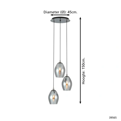 Afbeelding van EGLO Estanys Hanglamp 3 lichts Ø45 cm E27 rookglas Grijs/Zwart