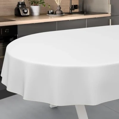 Afbeelding van ANRO Afwasbaar tafelzeil, tuintafelkleed, voor binnen en buiten, ovaal, 240 x 140 cm, met zoom, wit