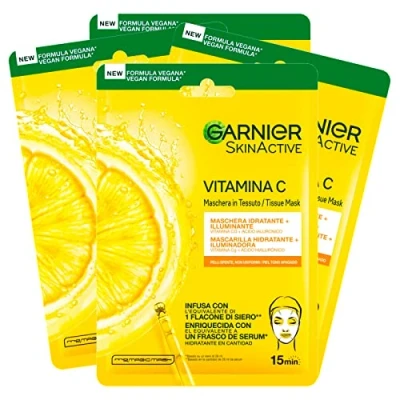 Afbeelding van 4 x Garnier SkinActive wegwerp gezichtsmasker van vochtinbrengende en lichtende stof met vitamine C hyaluronzuur wegwerpmaskers