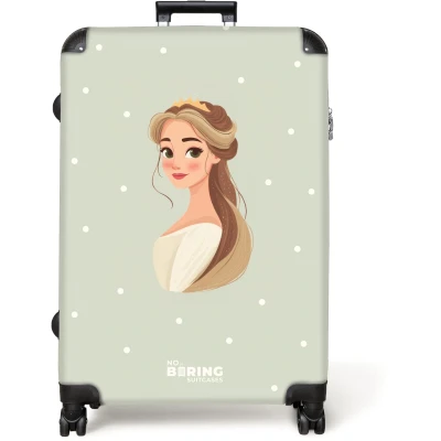 Afbeelding van NoBoringSuitcases.com® Koffer groot Reiskoffer lichtgewicht Prinses met tiara op groene stippenachtergrond Rolkoffer 4 wielen Grote trolley XL 98 liter bagage