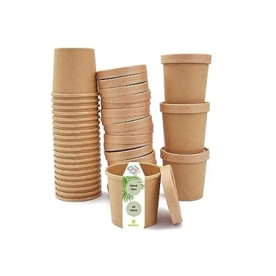 Afbeelding van DeinPack 50 soepbekers to go met deksel, bruin, 750 ml, beker PLA binnencoating, om mee te nemen, karton, biologische wegwerpbekers ijsbekers biologisch